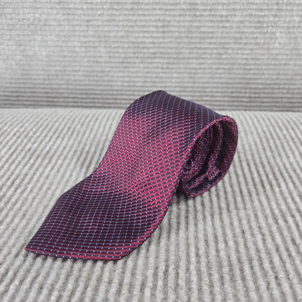 Nautica Mens Burgundy Red Blue Micro Check Silk Geometric Necktie